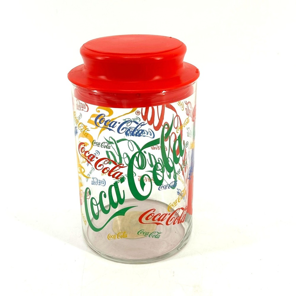 Coca-Cola Vintage Indiana Glass 20oz Multicolor Coke Collage Jar Canister RedLid - Picture 4 of 7